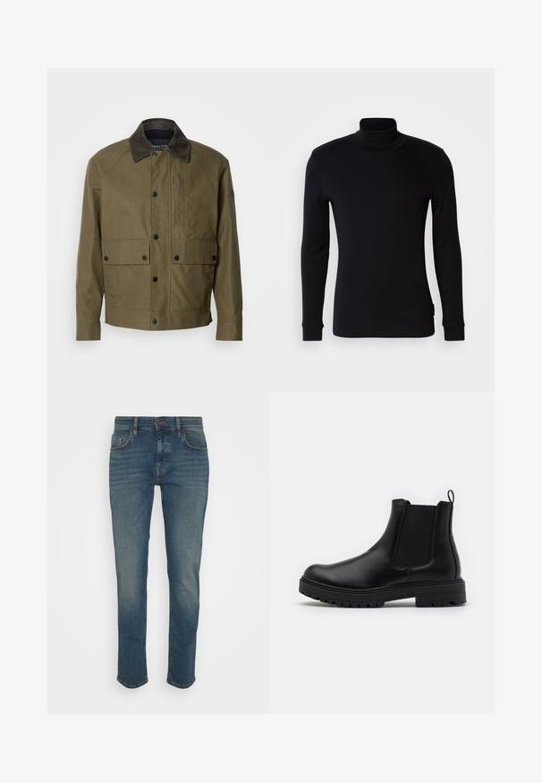 Olijfgroene jasje van textuurstof, met een bruine corduroy kraag, drukknoopsluiting, twee voorzakken en een ritszak op de borst.; Zwarte langemouw turtleneck shirt gemaakt van zachte stof. Heeft een aansluitend ontwerp met ribbels aan de mouwen en een gladde textuur. Geen patronen of logo's.; Donkerblauwe jeans met een slim fit, voorzien van een knoopsluiting, vijf zakken en een iets vervaagde afwerking. Gemaakt van denim stof.; Zign LEATHER - Korte laarzen - black