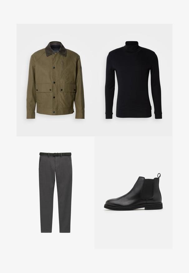 Olijfgroene jasje van textuurstof, met een bruine corduroy kraag, drukknoopsluiting, twee voorzakken en een ritszak op de borst.; Zwarte langemouw turtleneck shirt gemaakt van zachte stof. Heeft een aansluitend ontwerp met ribbels aan de mouwen en een gladde textuur. Geen patronen of logo's.; Grijze broeken van geweven stof, met een rechte snit, zijzakken en een zwarte leren riem met een zilveren gesp.; Zwarte leren Chelsea boots met elastische zijpanelen en een trekband. Ronde neus en platte rubberen zool, met een gladde afwerking.