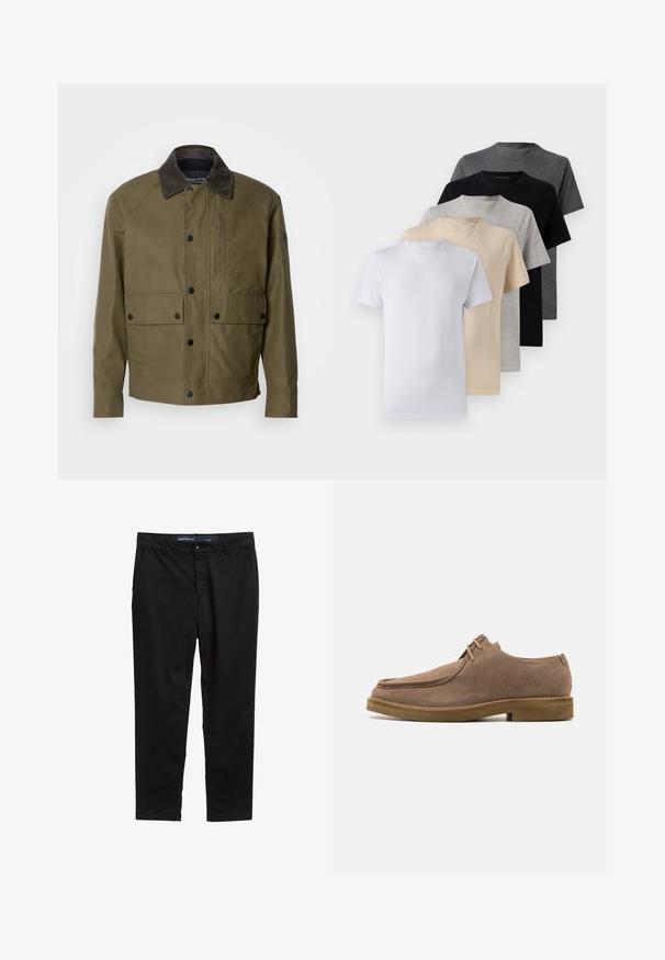 Olivno zelena jakna iz teksturiranega blaga, s prednjim ovratnikom iz rjave žameta, gumbi na pritisk, dvema sprednjima žepoma in žeptirnim žepom na prsih.; Komplet petih kratkih majic s kratkimi rokavi v beli, bež, svetlo sivi, temno sivi in črni barvi. Narejene so iz gladkega bombaža in imajo krojen ovratnik.; Črne chinos hlače iz kombinacije bombaža. Imajo ravno zasnovo nogavic, dva stranska žepa in kovinsko zaponko na pasu.; Zign LEATHER - Neformalni čevlji z vezalkami - taupe