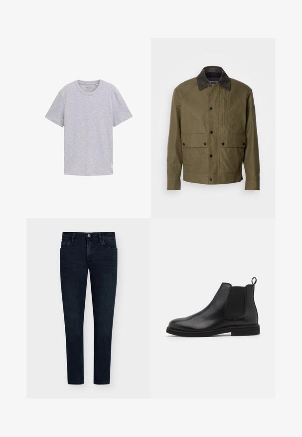 Olivegrüne Jacke aus strukturiertem Stoff, mit einem braunen Cordkragen, Druckknöpfen, zwei Fronttaschen und einer Reißverschlusstasche auf der Brust.; Graues T-Shirt mit kurzen Ärmeln, aus weichem, strukturiertem Baumwollstoff. Mit einem runden Halsausschnitt und einem kleinen Logo, das auf der linken unteren Seite gedruckt ist.; Dunkelblaue Jeans aus Denim mit schmalem Schnitt, Fünf-Taschen-Design, Knopfverschluss und minimaler Ausbleichung. Flacher Vorderteil und schmale Saumöffnungen.; Schwarze Leder Chelsea-Stiefel mit elastischen Seitenpanelen und einem Zugtab. Gerundete Zehenpartie und flache Gummisohle, die eine glatte Oberfläche zeigt.