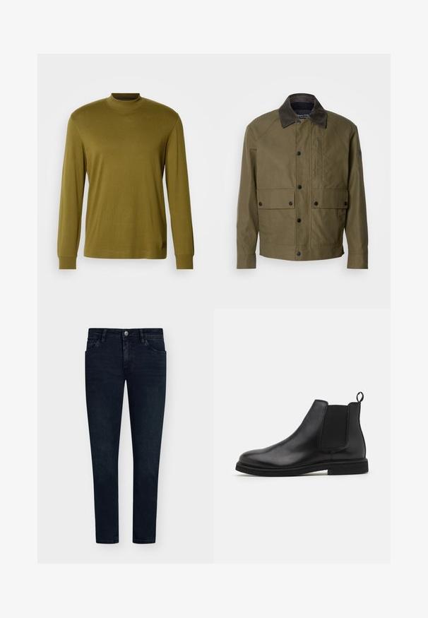 Olíva zöld zakó texturált anyagból, barna kordbársony gallérral, patentgombokkal, két elülső zsebbel és cipzáras mellzsebbel.; Olíva zöld, hosszú ujjú, garbós póló, puha anyagból készült, testhez simuló fazonnal, bordázott nyakkal és mandzsettával.; Sötétkék farmernadrág, slim fit szabással, öt zsebbel, gombos záródással és minimális fakulással. Lapos elülső rész és szűk lábnyílások.; Fekete bőr Chelsea csizma elasztikus oldalsó panelek és húzófül nélkül. Lekerekített orr és lapos gumitalp, sima kivitelben.