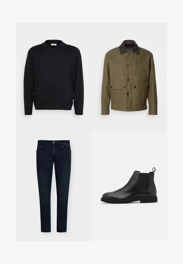 Olīvu zaļš mētelis, kas izgatavots no teksturēta auduma, ar brūnu krokodila kaklu, spiedpogām, divām priekšējām kabatām un kabatu ar rāvējslēdzēju krūtīs.; Melnā garo piedurkņu polo krekls ar V veida kakla izgriezumu un nedaudz teksturētu audumu. Tam ir plakans apkakles pārklājums un brīva piegriezuma forma. Uz skaista kakla ir redzama etiķete.; Tumši zili džinsi ar šauru piegriezumu, piecu kabatu dizainu, pogu aizdari un minimālu izbalēšanu. Taisna priekšpuse un šauras kāju atveres.; Melnas ādas Čelsijas botas ar elastīgām sānu daļām un vilkšanas cilpu. Apaļā pirksta forma un plakana gumijas zole, demonstrējot gludu apdari.