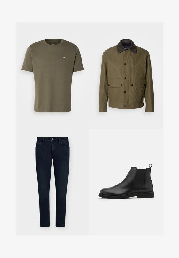 Olive roheline jakk, mis on valmistatud tekstureeritud kangast, pruuni kootud krae, nööpsulgurite, kahe esitasku ja tõmblukuga rinnataskuga.; Olive rohelise puuvillane T-särk lühikeste varrukatega, ümmarguse kaelusega ja väikese valge logoga rinnal. Sile tekstuur ja lõdva istuvusega.; Tumed sinine teksariie, kitsas lõige, viie tasku disain, nööpidega sulgemine ja minimaalne kulumine. Lame esipind ja kitsad sääreotsad.; Mustad mustad Chelsea saapad elastsete külgpanelidega ja tõmbenööridega. Ümar varvas ja lame kummitald, millel on sile viimistlus.