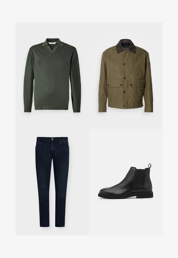 Olivegrüne Jacke aus strukturiertem Stoff, mit einem braunen Cordkragen, Druckknöpfen, zwei Fronttaschen und einer Reißverschlusstasche auf der Brust.; Langarm-Polohemd in Dunkelgrün, aus glattem Stoff gefertigt. Verfügt über einen V-Ausschnitt und ein minimalistisches Design ohne Muster oder Beschläge.; Dunkelblaue Jeans aus Denim mit schmalem Schnitt, Fünf-Taschen-Design, Knopfverschluss und minimaler Ausbleichung. Flacher Vorderteil und schmale Saumöffnungen.; Schwarze Leder Chelsea-Stiefel mit elastischen Seitenpanelen und einem Zugtab. Gerundete Zehenpartie und flache Gummisohle, die eine glatte Oberfläche zeigt.
