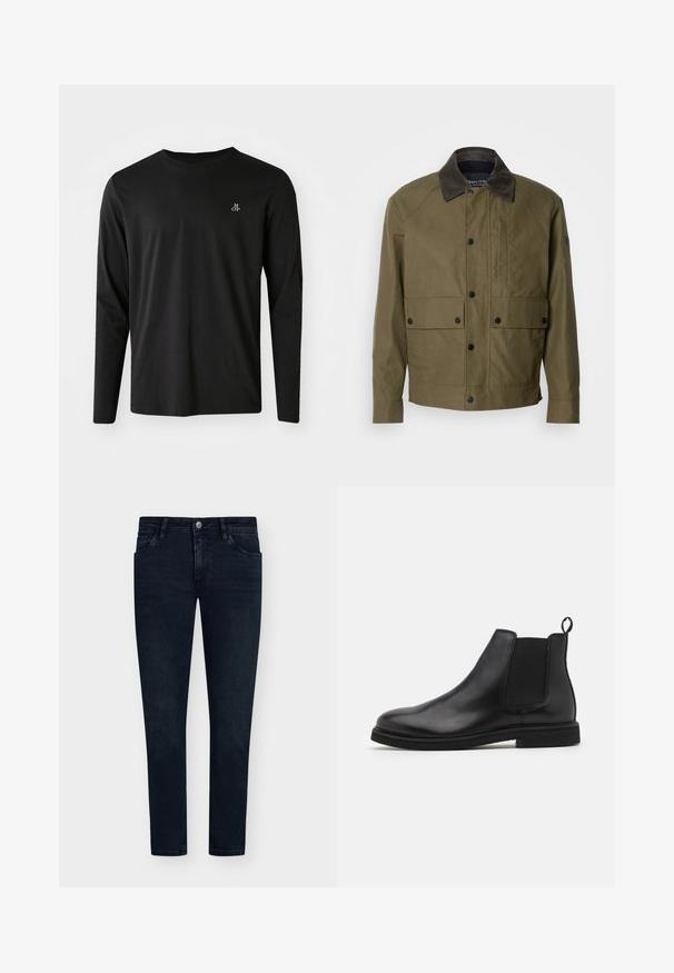 Olīvu zaļš mētelis, kas izgatavots no teksturēta auduma, ar brūnu krokodila kaklu, spiedpogām, divām priekšējām kabatām un kabatu ar rāvējslēdzēju krūtīs.; Melnā garās piedurknes T-kreklā no kokvilnas, ar apaļu kakla izgriezumu un mazu baltu logotipu kreisajā krūšu daļā. Vienkāršs dizains.; Tumši zili džinsi ar šauru piegriezumu, piecu kabatu dizainu, pogu aizdari un minimālu izbalēšanu. Taisna priekšpuse un šauras kāju atveres.; Melnas ādas Čelsijas botas ar elastīgām sānu daļām un vilkšanas cilpu. Apaļā pirksta forma un plakana gumijas zole, demonstrējot gludu apdari.