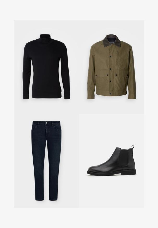 Casaco verde-oliva feito de tecido texturizado, com um colarinho de veludo cotelê castanho, botões de pressão, dois bolsos frontais e um bolso no peito com fecho éclair.; Camisola preta de manga longa em polo feita de um tecido suave. Apresenta um design ajustado com punhos canelados e uma textura lisa. Sem padrões ou logótipos.; Jeans de ganga azul escuro com um corte slim, design de cinco bolsos, fecho de botão e desgaste mínimo. Frente lisa e aberturas de perna estreitas.; Botas Chelsea de couro pretas com painéis laterais elásticos e uma alça na parte traseira. Ponta arredondada e sola de borracha plana, apresentando um acabamento suave.