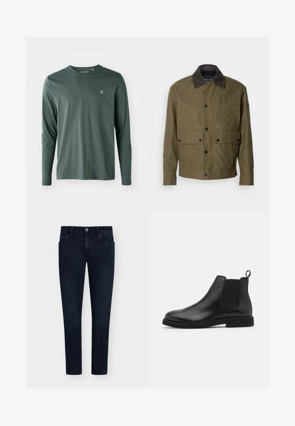 Olijfgroene jasje van textuurstof, met een bruine corduroy kraag, drukknoopsluiting, twee voorzakken en een ritszak op de borst.; Langsleeve shirt in donkergroen katoen met een ronde halslijn, subtiele textuur en klein wit "M OP" logo op de linkerborst.; Donkerblauwe denim jeans met een slim fit, vijfzakkenontwerp, knoopsluiting en minimale vervaging. Rechte voorkant en smalle beenopeningen.; Zwarte leren Chelsea boots met elastische zijpanelen en een trekband. Ronde neus en platte rubberen zool, met een gladde afwerking.