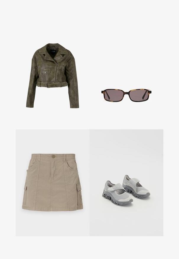 Przycięta oliwkowa kurtka z syntetycznej skóry z szerokim klapą, zamkiem z przodu, dwiema kieszeniami i detalem paska w talii.; Czarna bawełniana koszulka z grafiką na przodzie przedstawiającą mężczyznę z brodą w żółtym kapeluszu kowbojskim i niebieskiej koszuli, z napisem "Post Malone" wyświetlonym dużymi literami.; Khaki spódnica cargo z paskiem w talii, przednimi kieszeniami oraz kieszeniami cargo po bokach. Wykonana z lekkiego materiału o gładkiej teksturze.; Szare lekkie buty z siateczkową cholewką i amortyzującą podeszwą środkową. Wyposażone w rzep oraz zaokrąglony czubek z wyciętym wzorem podeszwy.; Okulary przeciwsłoneczne w stylu żółwi z prostokątnymi soczewkami, ciemnymi szkłami i grubymi plastikowymi oprawkami. Minimalistyczny design bez wyraźnych elementów.