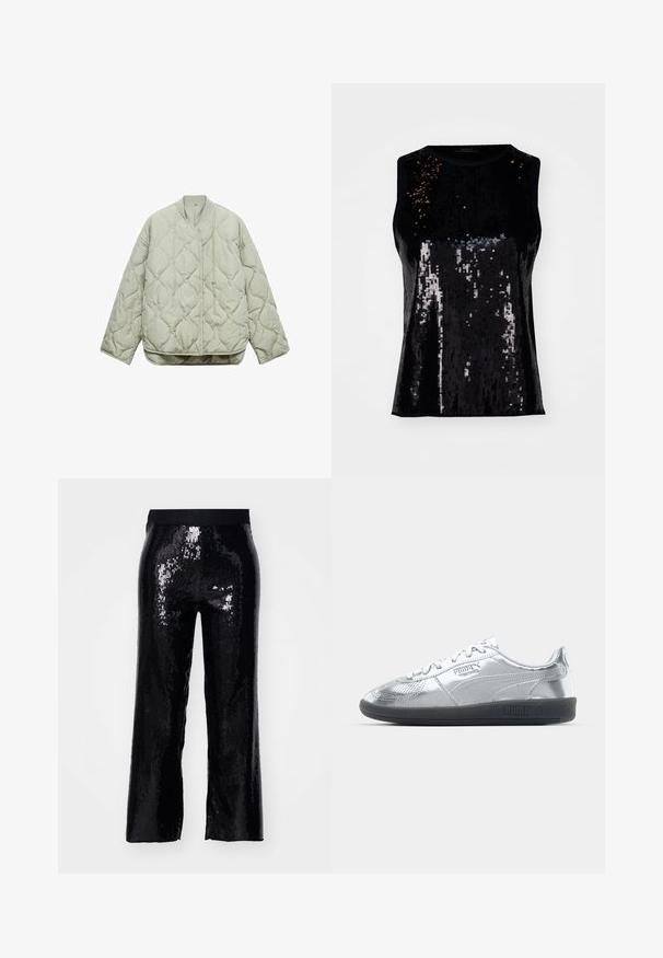 Jachetă matlasată verde deschis, cu guler rotund, închidere frontală, croială oversized și modele în formă de diamant pe material.; Top negru fără mâneci, decorat cu paiete, având o textură lucioasă și un design ajustat. Guler rotund fără închideri vizibile.; Pantaloni negri din paiete cu croi drept, talie elastică și textură lucioasă care reflectă lumina. Lungi, fără buzunare și cu un finisaj neted.; Adidași argintii cu un superior neted și reflectorizant, având talpă din cauciuc negru și un design clasic cu șireturi. Logo-ul Puma pe lateral.
