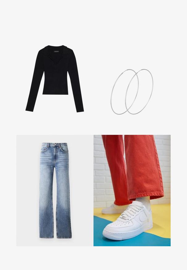 Juodas, dirbtinės odos motociklininko švarkas su asimetriniu užtrauktuku, peties diržais, keliais užtrauktukais kišenėse ir diržu juosmeniui.; Juodas pašiltintas ilgomis rankovėmis megztinis su apykakle, pagamintas iš elastingos medžiagos, su prigludusia siluetu ir subtilia tekstūra.; Šviesiai mėlynos džinsinės kelnės su aukštu liemeniu, plačiu piešimu ir subtiliu blukimu. Turi mygtuko uždarymą ir penkių kišenių dizainą.; Baltos odinės kedų sportbačiai su perforuotu pirštu, tekstūruota pado dalimi ir baltais raišteliais, derinami su plačiomis raudonomis kelnėmis ir mėlynos bei geltonos spalvų fono kompozicija.; Sidabrinės pusmėnulio auskarai minimalistiniu dizainu. Apskritimo forma, lygus paviršius ir plonas profilis. Lengvi su poliruotu apdailu.