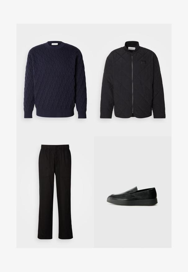 Juodas siuvinėtas švarkas su stovinčiu apykakle, užtrauktuku ir subtilia logotipo etikete. Siūlo tekstūruotą paviršių ir deimanto formos raštus.; Tamsiai mėlynas megztinis su tekstūruotu raštu, suapvalinta kaklo linija ir gipiūrinėmis rankovėmis bei apatine dalimi. Minimalistinis dizainas be matomų logotipų.; Juodos kelnės su laisvu siluetu, pagamintos iš lengvos medžiagos. Yra elastingas juosmuo, mygtuko užsegimas ir dvi priekinės kišenės.; Calvin Klein HYBRID CUP - Įmautiniai batai - triple black