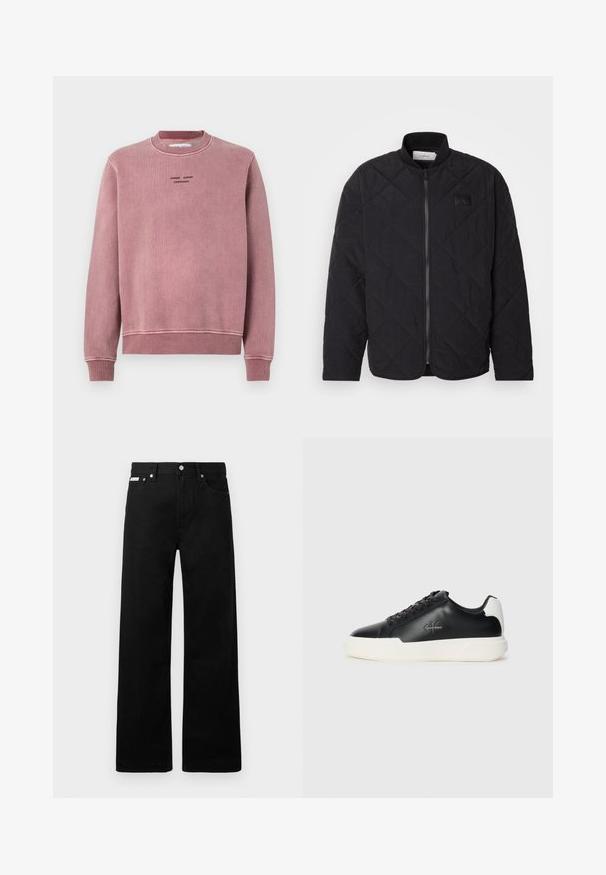 Veste noire matelassée avec col montant, fermeture éclair et un discret patch logo. Présente un fini texturé et des motifs en losange.; Sweat-shirt rose pâle en tissu texturé, avec des poignets et un col côtelés, et des détails de logo brodés en noir sur le devant.; Pantalon en denim noir avec une coupe large, doté de cinq poches et de boutonnières métalliques. Texture lisse, sans motifs visibles.; Baskets en cuir noir avec semelle en caoutchouc blanche. Présentent un bout arrondi, un design à lacets et un détail de logo sur le côté. Accent arrière en blanc.