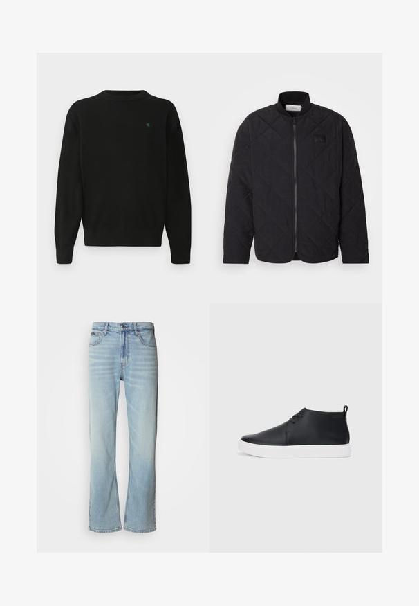 Jaqueta preta acolchoada com colarinho alto, fecho de correr e um discreto emblema. Apresenta um acabamento texturizado e padrões em forma de losango.; Sweatshirt preto com decote redondo, punhos e bainha canelados. Apresenta um pequeno logótipo verde no peito. Feito de um tecido macio e leve.; Jeans de ganga azul claro com corte reto, apresentando cinco bolsos, fecho de botão e um ligeiro desvanecimento no tecido.; Sapatilhas altas de couro preto com um acabamento suave, sola de borracha branca e um design simples de atacadores. Apresenta uma alça na parte de trás.