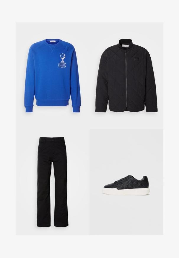 Svart quilted jakke med ståkrage, glidelås og en subtil logo-patch. Har en teksturert overflate og diamantformede mønstre.; Blå hettegenser med rund hals, ribbestrikkede ermer og kant, med hvit grafisk trykk av et trofé og tekst på venstre side. Mykt materiale.; Svarte bomullsbukser med rett ben-design, med knappelukking og beltehemper. Glatt tekstur og minimalistisk stil uten synlige mønstre.; Svart sneakers med geometrisk tekstur på siden, glatt tåhette og hvit gummisåle. Har runde snører og lavt snitt.