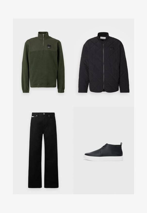 Jaqueta preta acolchoada com colarinho alto, fecho de correr e um discreto emblema. Apresenta um acabamento texturizado e padrões em forma de losango.; Polo de fleece verde escuro com fecho de quarto, gola alta, punhos elásticos e bainha, e um pequeno patch retangular preto com logo no peito.; Calças de ganga pretas com um design de pernas largas, apresentando cinco bolsos e fechos metálicos. Textura suave, sem padrões visíveis.; Sapatilhas altas de couro preto com um acabamento suave, sola de borracha branca e um design simples de atacadores. Apresenta uma alça na parte de trás.