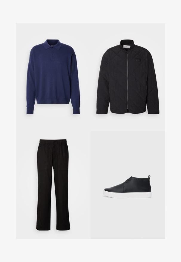 Zwarte gewatteerde jas met een staande kraag, ritsluiting en een subtiele logo patch. Heeft een gestructureerde afwerking en ruitvormige patronen.; Marineblauwe pullovertrui met een kraag, lange mouwen en geribbelde cuffs. Zachte textuur met een relaxte pasvorm en een driestelsel van knopen.; Zwarte broek met een relaxte pasvorm, gemaakt van lichte stof. Voorzien van een elastische tailleband, knoopsluiting en twee zijzakken.; Zwarte leren high-top sneakers met een gladde afwerking, witte rubberen zool en een eenvoudig vetersluiting ontwerp. Beschikt over een trekband aan de achterkant.