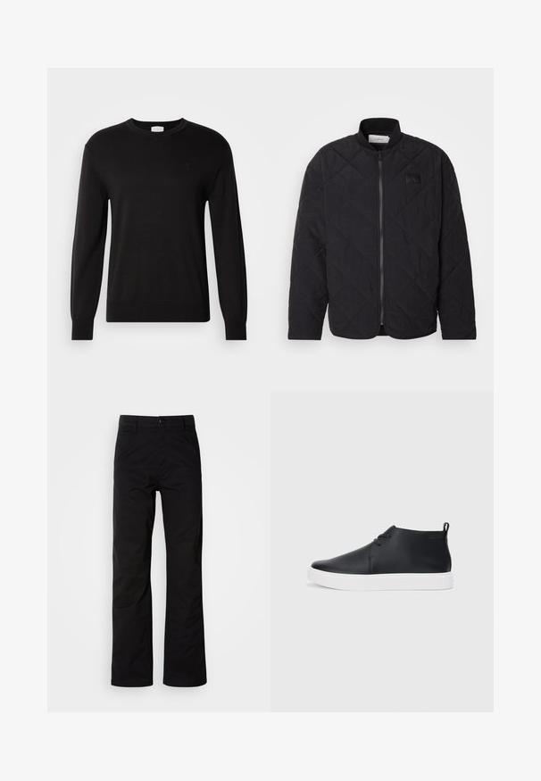 Svart quilted jakke med ståkrage, glidelås og en subtil logo-patch. Har en teksturert overflate og diamantformede mønstre.; Svart crew-neck genser laget av et mykt strikket stoff. Har lange ermer og en subtil logo på brystet. Klassisk passform og glatt tekstur.; Svarte bomullsbukser med rett ben-design, med knappelukking og beltehemper. Glatt tekstur og minimalistisk stil uten synlige mønstre.; Svart skinnhøye sneakers med glatt finish, hvit gummisole og enkelt snøringdesign. Har en løftestropp bak.