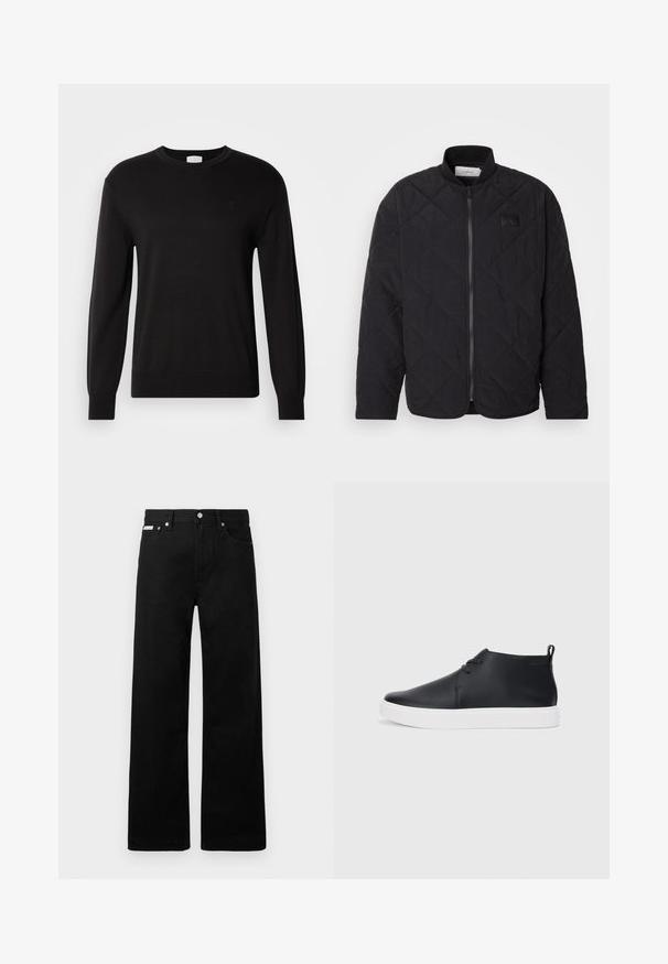 Zwarte gewatteerde jas met een staande kraag, ritsluiting en een subtiele logo patch. Heeft een gestructureerde afwerking en ruitvormige patronen.; Zwarte ronde hals trui gemaakt van een zachte gebreide stof. Voorzien van lange mouwen en een subtiel logo op de borst. Klassieke pasvorm en een gladde textuur.; Zwarte spijkerbroek met een wijd uitlopende pasvorm, voorzien van vijf zakken en metallic knopen. Gladde textuur, geen zichtbare patronen.; Zwarte leren high-top sneakers met een gladde afwerking, witte rubberen zool en een eenvoudig vetersluiting ontwerp. Beschikt over een trekband aan de achterkant.
