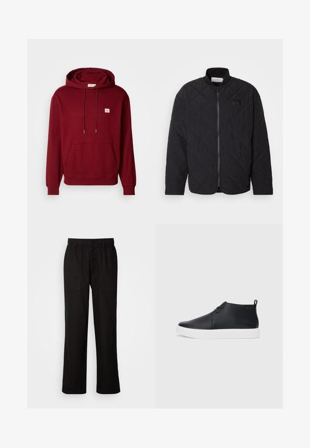 Jachetă neagră matlasată cu guler în picioare, închidere cu fermoar și un patch discret cu logo. Prezintă o finisare texturată și modele în formă de diamant.; Hanorac cu glugă burgund din bumbac moale, cu un buzunar frontal, șnururi, și o mică etichetă cu logo, cu manșete și tiv cu bumbac rib. ; Pantaloni negri cu o croială lejeră, realizați dintr-un material ușor. Dispun de un tiv elastico, închidere cu nasture și două buzunare frontale.; Adidași negri din piele, cu vârf înalt, finisaj neted, talpă din cauciuc alb și un design simplu cu șireturi. Au un tab de prindere în partea din spate.