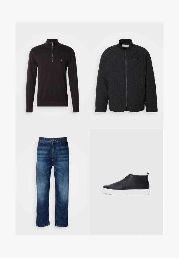 Μαύρο πουπουλένιο μπουφάν με ψηλό γιακά, κλείσιμο με φερμουάρ και διακριτικό λογότυπο. Διαθέτει υφή και διαμαντοειδή σχέδια.; Μαύρο φούτερ με φερμουάρ και ψηλό γιακά, με υφή πλεκτού σχεδίου και μικρό λογότυπο στο στήθος. Μακριά μανίκια και εφαρμοστά μανίκια.; Σκούρες μπλε τζιν παντελόνες με ίσια γραμμή και διακριτική φθορά στα μηριά, με κουμπί στο λάστιχο της μέσης, εκτεθειμένες σε λευκό φόντο.; Μαύρα δερμάτινα ψηλά αθλητικά παπούτσια με λείο φινίρισμα, λευκή καουτσούκ σόλα και απλό σχέδιο με κορδόνια. Διαθέτουν θηλιά στην πλάτη.