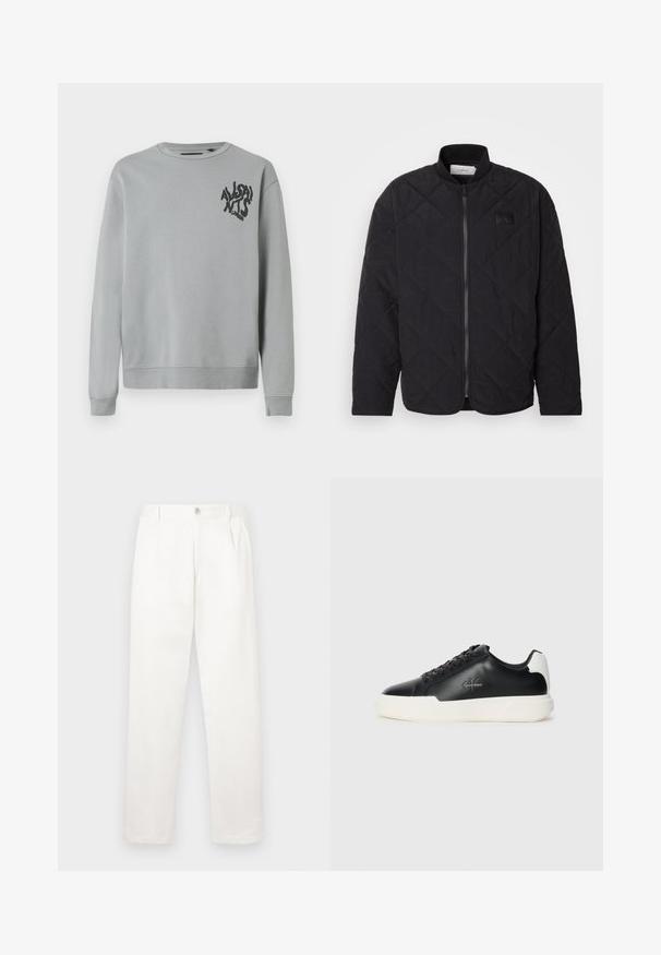 Jaqueta preta acolchoada com colarinho alto, fecho de correr e um discreto emblema. Apresenta um acabamento texturizado e padrões em forma de losango.; Sweatshirt cinza claro feito de um tecido suave, com gola redonda e mangas longas. Texto gráfico preto na área do lado esquerdo do peito.; Calças brancas feitas de um tecido suave, com um design de perna reta, pregas frontais e um fecho de botão único na cintura.; Tênis de couro preto com sola de borracha branca. Possui bico redondo, design com atacadores e detalhe do logo na lateral. Acento traseiro em branco.