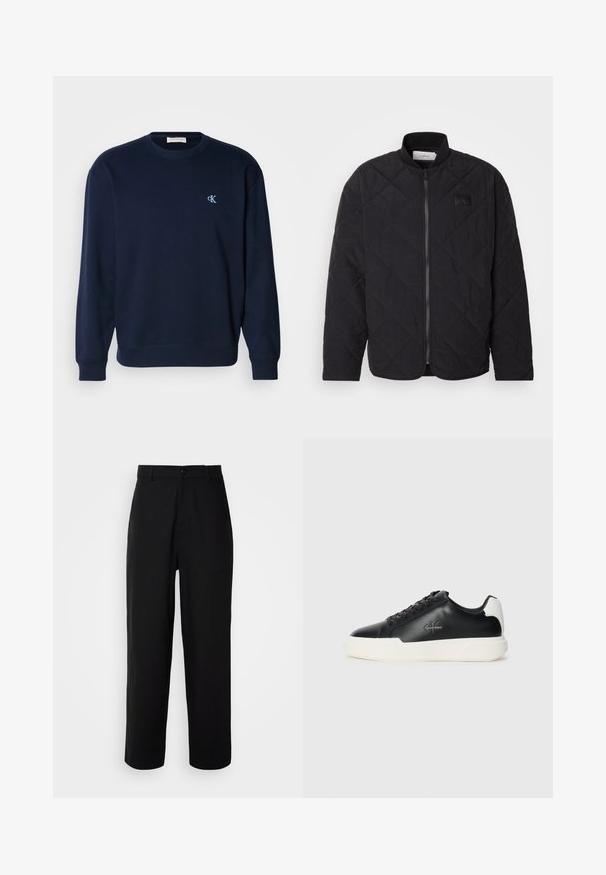 Giacca nera trapuntata con colletto alto, chiusura con zip e una discreta patch con logo. Presenta una finitura testurizzata e motivi a forma di diamante.; Felpa blu navy in misto cotone con polsini e orlo a coste. Presenta un piccolo logo celeste sul petto. Design classico con collo a giro.; Pantaloni neri realizzati in un tessuto liscio, con un design a gamba dritta, chiusura anteriore con bottone e tasche laterali.; Sneakers in pelle nera con suola in gomma bianca. Presentano punta rotonda, design con lacci e dettaglio del logo sul lato. Accento posteriore in bianco.