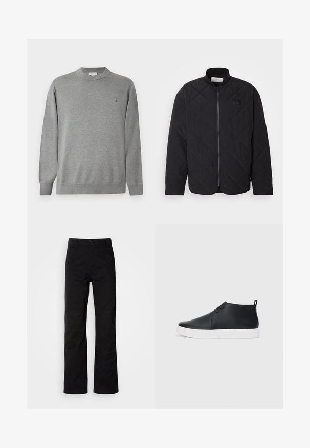 Juodas siuvinėtas švarkas su stovinčiu apykakle, užtrauktuku ir subtilia logotipo etikete. Siūlo tekstūruotą paviršių ir deimanto formos raštus.; Šviesiai pilkas apvalaus kaklo megztinis, pagamintas iš mezginio audinio. Yra tas pats raštas ant rankovių ir apačios, mažas, juodas logotipas kairėje krūtinės pusėje.; Juodi medvilniniai kelnių su tiesia koja dizainu, turintys sagos uždarymą ir diržo kilpas. Lygus tekstūra ir minimalistiškas stilius be matomų raštų.; Juodi odiniai aukšti sportbačiai su lygia apdaila, balta guma padu ir paprastu raištelių dizainu. Gale yra įtempimo juostelė.