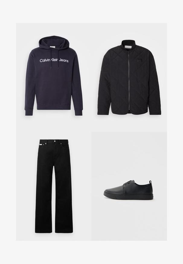 Juodas siuvinėtas švarkas su stovinčiu apykakle, užtrauktuku ir subtilia logotipo etikete. Siūlo tekstūruotą paviršių ir deimanto formos raštus.; Tamsiai mėlyna džemperis su gobtuvu, pagamintas iš medvilnės mišinio, su priekyje esama kangaroo tipo kišene, gobtuvu su raišteliais ir baltais užrašais: "Calvin Klein Jeans."; Juodos džinsinės kelnės su plačiu kojų dizainu, turinčios penkias kišenes ir metalinius sagčių akcentus. Lygus paviršius, be matomų raštų.; Juodos odinės sportinės bateliai su lygiu paviršium, suapvalinta nosimi, toniniais siūlais, raištelių užsegimu priekyje ir plokščiu guminiu padu. Kilpelė ant kulno.