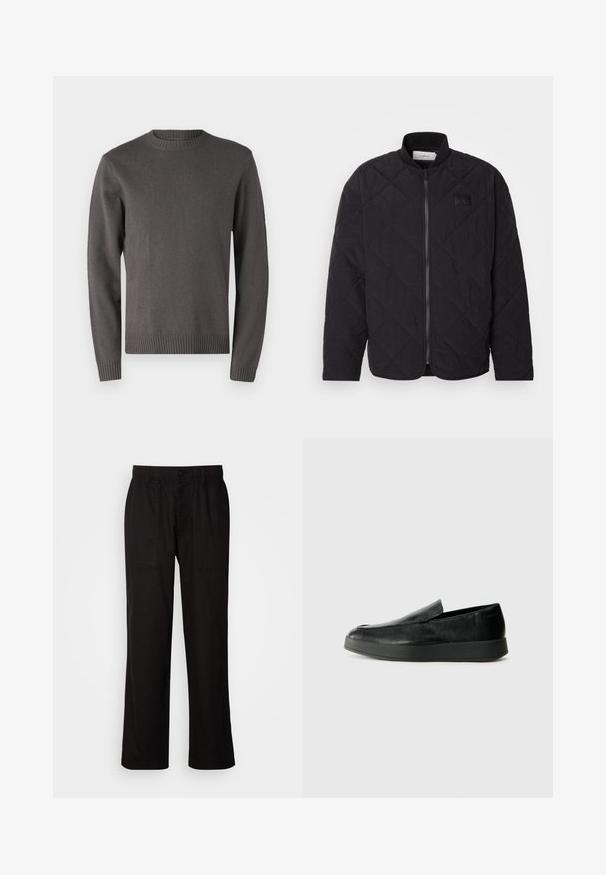 Black quilted jacket with a stand collar, zip closure, and a subtle logo patch. Features a textured finish and diamond-shaped patterns.; Samsøe Samsøe SYLLI CREW NECK - Jumper - volcanic ash; Black pants with a relaxed fit, made from lightweight fabric. Features an elastic waistband, button closure, and two front pockets.; Calvin Klein HYBRID CUP - Slip-ons - triple black