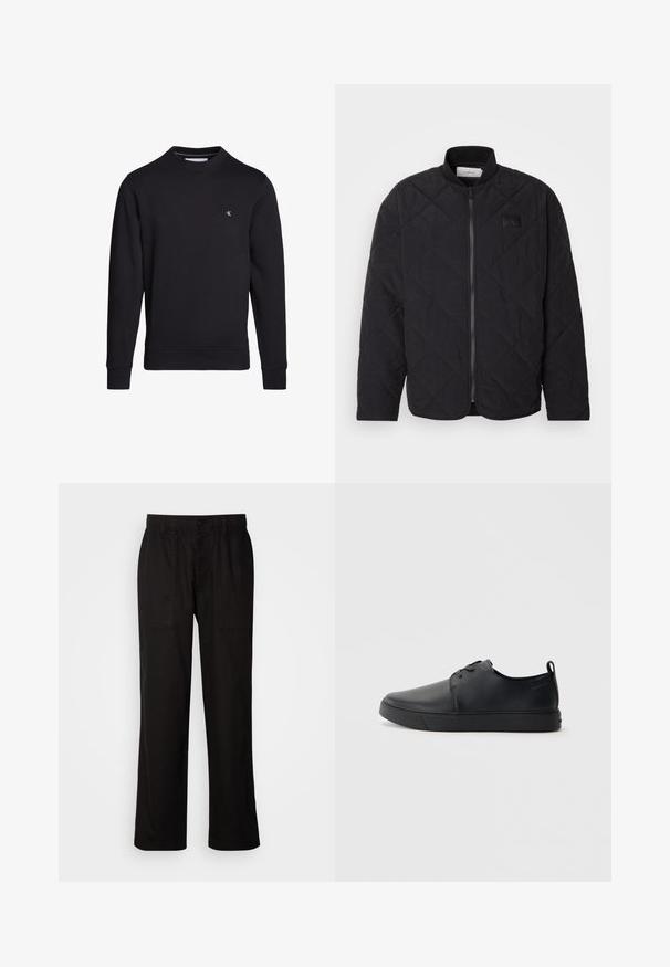 Juodas siuvinėtas švarkas su stovinčiu apykakle, užtrauktuku ir subtilia logotipo etikete. Siūlo tekstūruotą paviršių ir deimanto formos raštus.; Juodas džemperis, pagamintas iš medvilnės mišinio, turi apvalią iškirptę, raštuotas rankogalius ir apatinę kraštą, su maža balta logotipo etikete ant krūtinės.; Juodos kelnės su laisvu siluetu, pagamintos iš lengvos medžiagos. Yra elastingas juosmuo, mygtuko užsegimas ir dvi priekinės kišenės.; Juodos odinės sportinės bateliai su lygiu paviršium, suapvalinta nosimi, toniniais siūlais, raištelių užsegimu priekyje ir plokščiu guminiu padu. Kilpelė ant kulno.