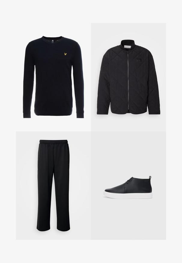 Giacca nera trapuntata con colletto alto, chiusura con zip e una discreta patch con logo. Presenta una finitura testurizzata e motivi a forma di diamante.; Lyle & Scott V NECK - Maglione - dark navy; Pantaloni sportivi neri realizzati in tessuto morbido e traspirante. Presentano una vita elasticizzata e gambe dritte senza accenti o motivi evidenti.; Sneakers alte in pelle nera con finitura liscia, suola in gomma bianca e un design semplice con lacci. Presentano un occhiello sul retro.