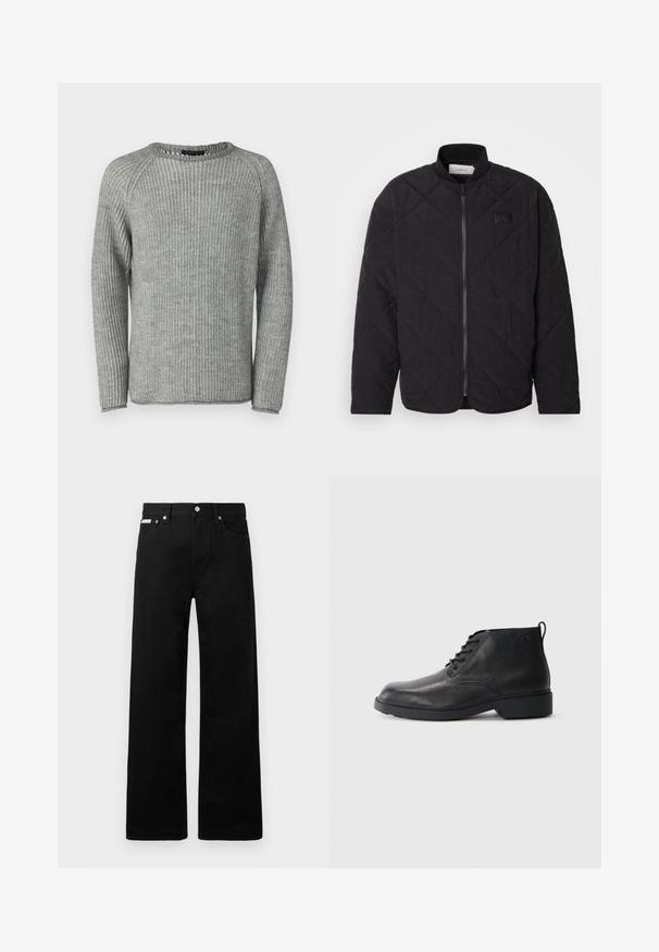 Black quilted jacket with a stand collar, zip closure, and a subtle logo patch. Features a textured finish and diamond-shaped patterns.; Gray ribbed sweater with long sleeves, a round neckline, and textured fabric. Features a clean finish along the edges and a relaxed fit.; Black denim pants with a wide-leg design, featuring five pockets and metallic button hardware. Smooth texture, no visible patterns.; Black leather boots with a textured finish, round toe, lace-up front, and a sturdy rubber sole. Features a small pull tab at the back.