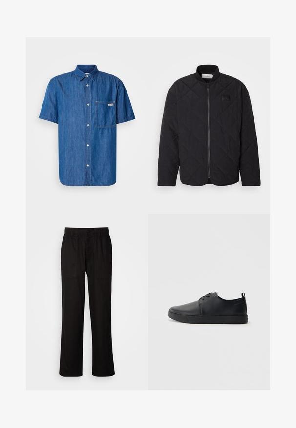 Juodas siuvinėtas švarkas su stovinčiu apykakle, užtrauktuku ir subtilia logotipo etikete. Siūlo tekstūruotą paviršių ir deimanto formos raštus.; Tamsiai mėlynas džinsinis marškinėliai trumpomis rankovėmis, su mygtukų užsegimu, priekinėmis kišenėmis ir subtiliais siuvinėjimo akcentais.; Juodos kelnės su laisvu siluetu, pagamintos iš lengvos medžiagos. Yra elastingas juosmuo, mygtuko užsegimas ir dvi priekinės kišenės.; Juodos odinės sportinės bateliai su lygiu paviršium, suapvalinta nosimi, toniniais siūlais, raištelių užsegimu priekyje ir plokščiu guminiu padu. Kilpelė ant kulno.