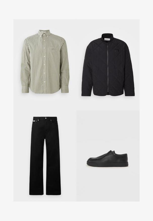 Čierna prešívaná bunda s stojatým golierom, zapínaním na zips a jemnou nášivkou loga. Má textúrovaný povrch a vzory v tvare diamantu.; Zeleno-biely kockovaný dlhý rukáv košeľa s golierom na gombíky, s malou náprsníkovou vreckom a bielymi gombíkmi.; Čierne džínsy s širokými nohavicami, obsahujúce päť vreciek a kovové zapínanie. Hladká textúra, bez viditeľných vzorov.; Čierna kožená slip-on obuv s okrúhlou špičkou, prešívaním a čiernou gumovou podrážkou. Hladký povrch s minimalistickým dizajnom.