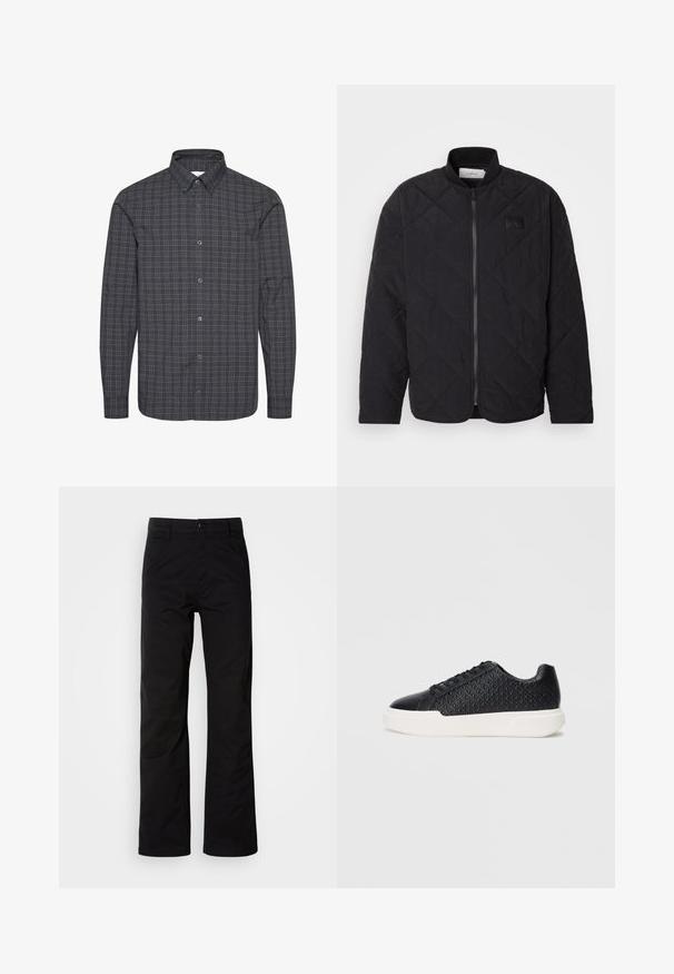 Black quilted jacket with a stand collar, zip closure, and a subtle logo patch. Features a textured finish and diamond-shaped patterns.; Long-sleeve button-up shirt in dark gray fabric with a small check pattern in light gray and white. Features a classic collar and button closure.; Black cotton pants with a straight-leg design, featuring a button closure and belt loops. Smooth texture and minimalistic style with no visible patterns.; Black sneaker with geometric texture on the side, smooth toe cap, and a white rubber sole. Features round laces and a low-top design.