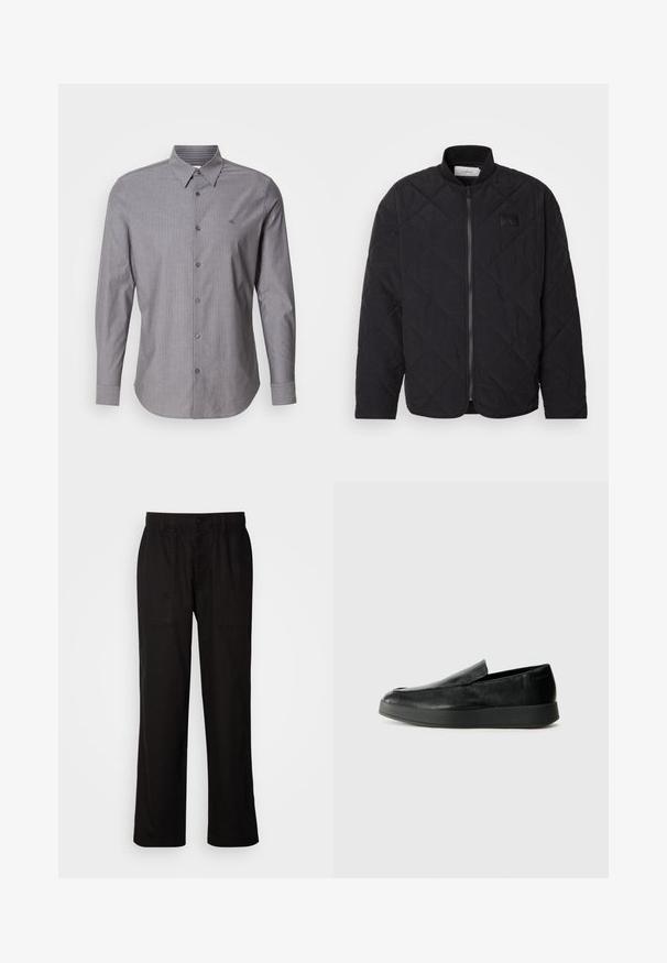 Black quilted jacket with a stand collar, zip closure, and a subtle logo patch. Features a textured finish and diamond-shaped patterns.; Gray striped long-sleeve shirt made of cotton, featuring a button-down collar and a logo on the left chest. Slim fit design.; Black pants with a relaxed fit, made from lightweight fabric. Features an elastic waistband, button closure, and two front pockets.; Calvin Klein HYBRID CUP - Slip-ons - triple black