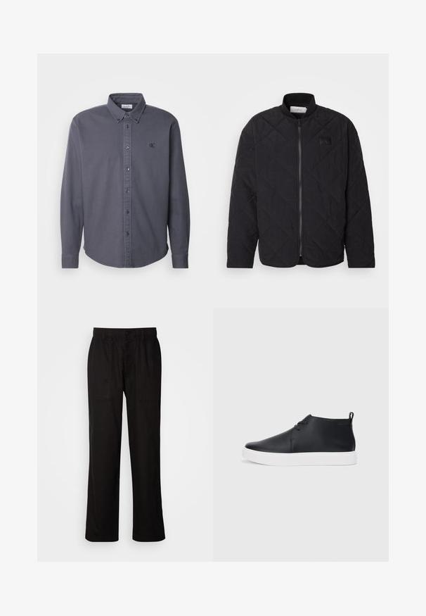 Čierna prešívaná bunda s stojatým golierom, zapínaním na zips a jemnou nášivkou loga. Má textúrovaný povrch a vzory v tvare diamantu.; Calvin Klein Jeans GARMENT DYE SHIRT - Košeľa - ebony; Čierne nohavice s voľným strihom, vyrobené z ľahkej látky. Majú elastický pás, zapínanie na gombík a dve predné vrecká.; Čierne kožené vysoké tenisky s hladkým povrchom, biela gumová podrážka a jednoduchý dizajn na šnurovanie. Obsahujú úchytku na zadnej strane.