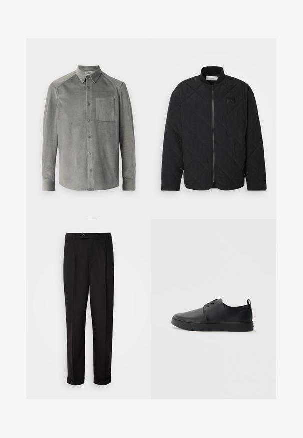 Svart quilted jakke med ståkrage, glidelås og en subtil logo-patch. Har en teksturert overflate og diamantformede mønstre.; Grå kordfløyelskjorte med lange ermer som har en lommer foran, knapp- ned krage og vertikal ribbet tekstur; standard passform med knappelukking.; Sorte bukser med en glat tekstur, der har lige snit, to forlommer og en enkelt knaplukning i taljen.; Svart lær sneakers med glatt overflate, rund tå, tonede sømmer, snøring foran og flat gummisåle. Løkke på hælen.