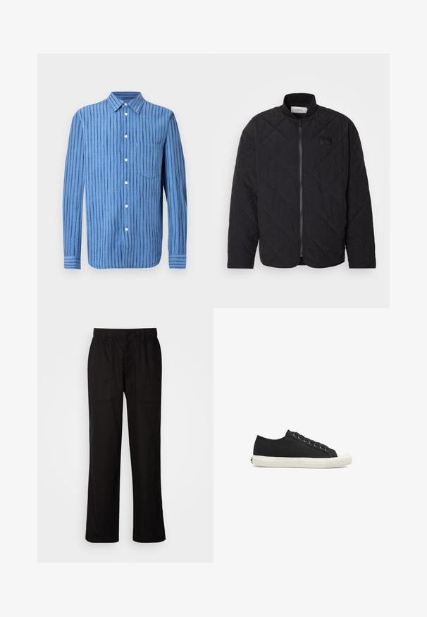 Giacca nera trapuntata con colletto alto, chiusura con zip e una discreta patch con logo. Presenta una finitura testurizzata e motivi a forma di diamante.; Camicia blu a maniche lunghe con bottoni, righe verticali nere e taschino sul petto, mostrata su sfondo bianco.; Pantaloni neri con vestibilità morbida, realizzati in tessuto leggero. Presentano un elastico in vita, chiusura con bottone e due tasche anteriori.; Les Deux TREVOR - Sneakers basse - black