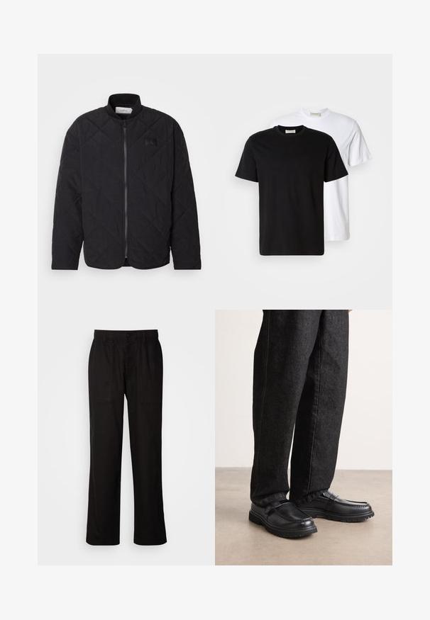 Giacca nera trapuntata con colletto alto, chiusura con zip e una discreta patch con logo. Presenta una finitura testurizzata e motivi a forma di diamante.; Due t-shirt di cotone semplici, una nera posizionata davanti a una bianca, entrambe con maniche corte e scollature rotonde.; Pantaloni neri con vestibilità morbida, realizzati in tessuto leggero. Presentano un elastico in vita, chiusura con bottone e due tasche anteriori.; Scarpe in pelle nera con finitura testurizzata, caratterizzate da un design con cucitura in rilievo e una suola in gomma robusta, indossate con pantaloni in denim scuro.