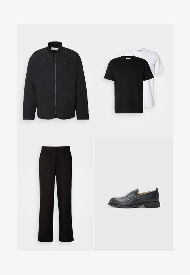 Zwarte gewatteerde jas met een staande kraag, ritsluiting en een subtiele logo patch. Heeft een gestructureerde afwerking en ruitvormige patronen.; Twee simpele katoenen T-shirts, één zwarte voor een witte geplaatst, beide met korte mouwen en ronde halslijnen.; Zwarte broek met een relaxte pasvorm, gemaakt van lichte stof. Voorzien van een elastische tailleband, knoopsluiting en twee zijzakken.; Zwarte leren loafers met een gladde afwerking, een platte zool en een ronde neus met een decoratieve band over de bovenkant.
