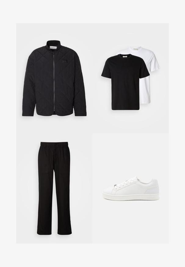 Black quilted jacket with a stand collar, zip closure, and a subtle logo patch. Features a textured finish and diamond-shaped patterns.; Two plain cotton T-shirts, one black placed in front of a white one, both with short sleeves and round necklines.; Black pants with a relaxed fit, made from lightweight fabric. Features an elastic waistband, button closure, and two front pockets.; White sneakers with a smooth, leather-like upper featuring a subtle geometric pattern, flat laces, and a textured rubber sole.