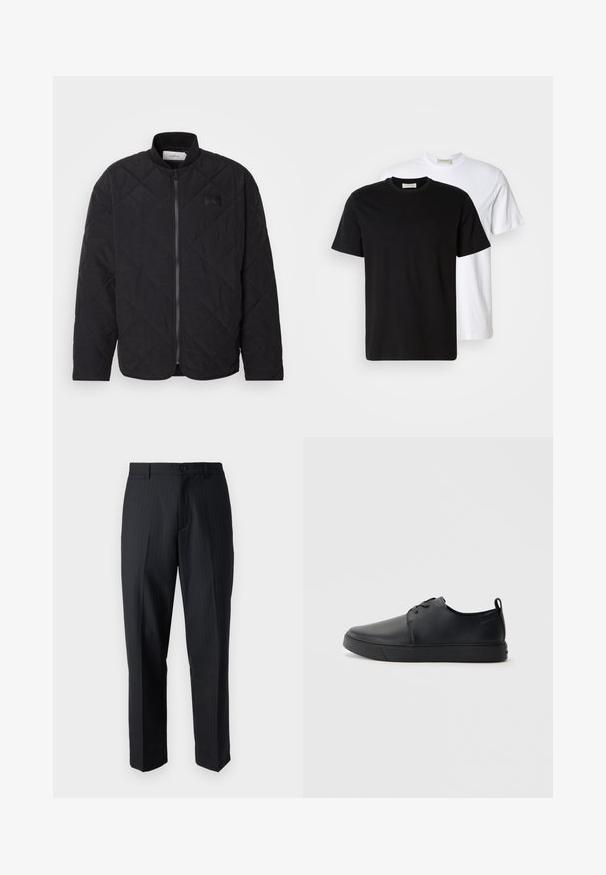Fekete, steppelt dzseki álló gallérral, cipzáras záródással és diszkrét logófátyollal. Jellemzője a texturált felület és a gyémánt alakú mintázat.; Két sima pamut póló, egy fekete a fehér előtt, mindkettő rövid ujjú és kerek nyakú.; Fekete csíkos nadrág egyenes szabással, sima szövettextúrával, övcsatokkal ellátott derekkal és egygombos záródással.; Fekete bőr sportcipő sima felülettel, lekerekített orral, azonos színű varrással, fűzős elülső résszel és lapos gumitalppal. Hurok a sarkán.