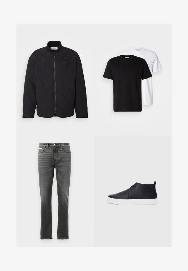 Fekete, steppelt dzseki álló gallérral, cipzáras záródással és diszkrét logófátyollal. Jellemzője a texturált felület és a gyémánt alakú mintázat.; Két sima pamut póló, egy fekete a fehér előtt, mindkettő rövid ujjú és kerek nyakú.; Sötétszürke farmernadrág egyenes szárú szabással, öt zsebes kialakítással, finom elhalványulásokkal és fém hardware díszítésekkel a deréknál.; Fekete bőr magas szárú sneakers, sima felülettel, fehér gumi talppal és egyszerű, fűzős dizájnnal. Hátul húzófül található.
