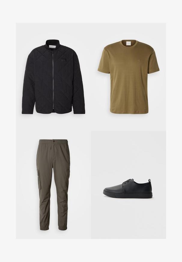 Jaqueta preta acolchoada com colarinho alto, fecho de correr e um discreto emblema. Apresenta um acabamento texturizado e padrões em forma de losango.; Camiseta de algodão verde-oliva com decote redondo, mangas curtas e um pequeno logótipo bordado no peito. Textura suave e corte descontraído.; Calças cargo em verde-oliva escuro, feitas de um tecido leve. Apresentam cinta elástica, fecho de botão e bolsos laterais com abas.; Sapatilha de couro preta com um acabamento liso, bico arredondado, costura ton sur ton, frente com atacadores e sola plana de borracha. Alça no calcanhar.