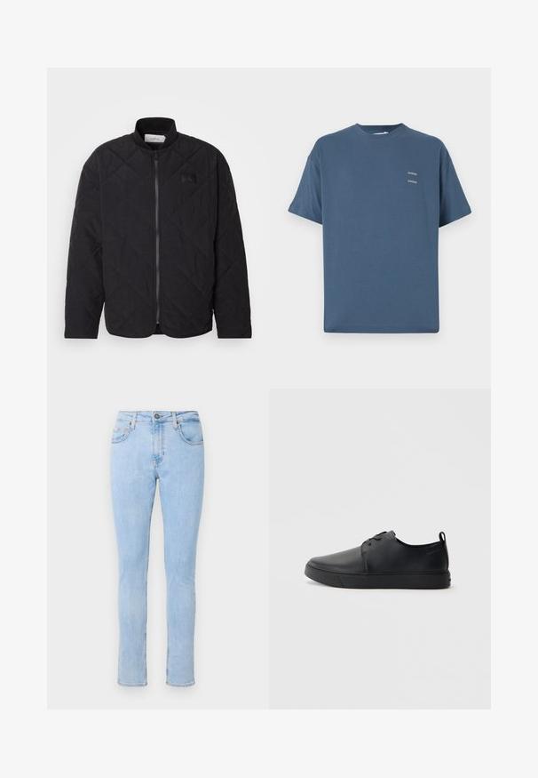 Melnā zizļu jakas ar stāvu apkakli, ar rāvējslēdzēju un mazu logotipa uzlīmi. Iespējamās struktūras apdare un dimanta formas raksti.; Zilas kokvilnas T-krekls ar klasisku apaļu kaklu, īsām piedurknēm, brīvu piegriezumu un diviem maziem apdrukātiem logo uz krūtīm. Gluda tekstūra.; Gai zili džinsi ar pieguļošu dizainu, piecu kabatu stilu, ar pogu priekšpusē un maigu izbalēšanu. Šaurs griezums ar taisnām kājām.; Melnas ādas kedas ar gludu apdari, noapaļota purngala, tonāla šuvēm, auklu fronti un plakanu gumijas zoli. Cilpa pie papēža.