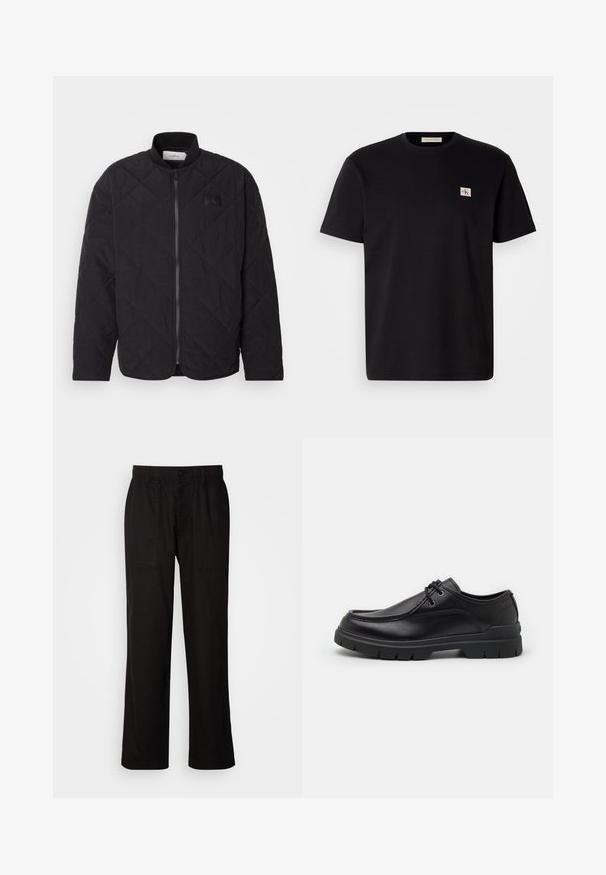 Giacca nera trapuntata con colletto alto, chiusura con zip e una discreta patch con logo. Presenta una finitura testurizzata e motivi a forma di diamante.; T-shirt di cotone nero con maniche corte, collo rotondo e un piccolo logo ricamato sul lato sinistro del petto. Texture liscia, vestibilità regolare.; Pantaloni neri con vestibilità morbida, realizzati in tessuto leggero. Presentano un elastico in vita, chiusura con bottone e due tasche anteriori.; Scarpa in pelle nera con punta rotonda, suola in gomma nera spessa, design con lacci e cuciture dettagliate lungo la parte superiore.