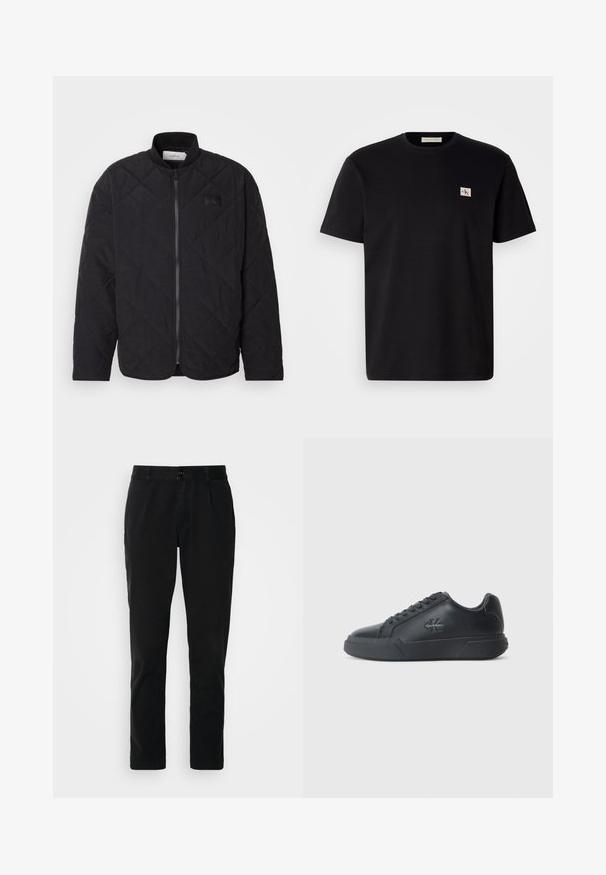 Mustmustriid jakki kõrgendatud krae, tõmblukuga ja diskreetne logo silt. Omab tekstuuriga pinda ja teemantkujundeid.; Mustmustärg t-särk lühikeste varrukatega, ümmarguse kaelusega ja väike tikitud logo vasakul rinnal. Sile tekstuur, tavaline sobivus.; Mustadest puuvillast pükstest, mis on sirge lõikega, ees taskud, nööbiga kinnitamine ja sile, matt tekstuur.; Mustad mustkatsed on ümmarguse varvastega, lamedate tallaga ja paeltega disainiga. Märkimisväärsed detailid hõlmavad külje peal asuvat diskreetset logo.