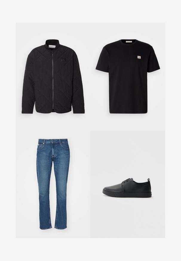 Chaqueta negra acolchada con cuello alzado, cierre de cremallera y un sutil parche con el logotipo. Presenta un acabado texturizado y patrones en forma de diamante.; Camiseta de algodón negra de manga corta, cuello redondo y un pequeño logo bordado en el lado izquierdo del pecho. Textura suave, corte regular.; Jeans de mezclilla en azul oscuro, diseño de pierna recta, con estilo de cinco bolsillos, cierre frontal con botón y detalles de costura en contraste.; Zapatilla negra de cuero con acabado suave, punta redondeada, costuras a tono, cordones en la parte delantera y suela de goma plana. Asa en el talón.