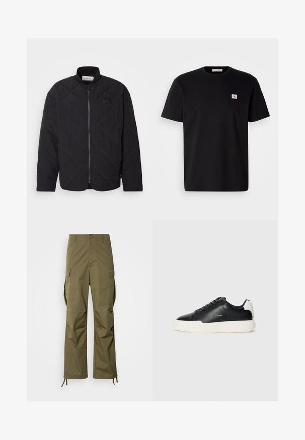 Černá prošívaná bunda se stojáčkem, zipovým zapínáním a jemným logem. Disponuje texturovaným povrchem a vzory ve tvaru diamantu.; Černé bavlněné tričko s krátkým rukávem, kulatým výstřihem a malým vyšívaným logem na levé straně hrudi. Hladká textura, standardní střih.; Olivově zelené cargo kalhoty vyrobené z odolného materiálu, s rovnými nohavicemi, bočními kapsami a nastavitelnými šňůrkami na kotnících.; Černé kožené tenisky s bílou gumovou podrážkou. Vyznačují se kulatou špičkou, šněrovacím designem a detailem loga na boku. Zadní akcent je bílý.